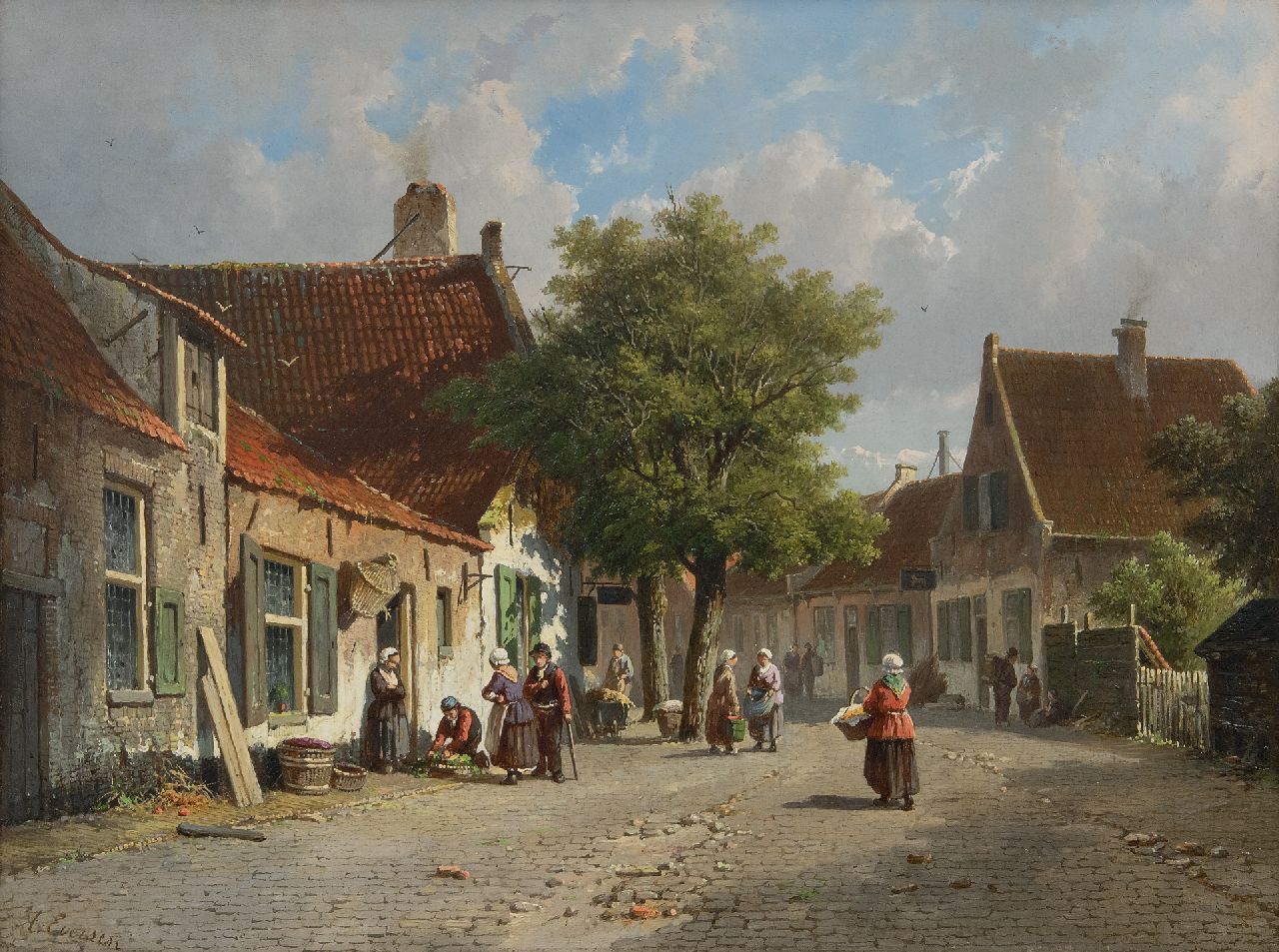 Eversen A.  | Adrianus Eversen, Zonnig dorpsgezicht met figuren, olieverf op paneel 33,0 x 43,9 cm, gesigneerd linksonder
