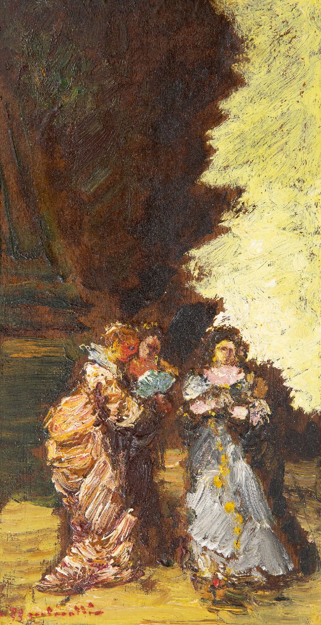 Monticelli A.J.T.  | 'Adolphe' Joseph Thomas Monticelli Monticelli, Trois femmes dans un parc, olieverf op board op paneel 29,3 x 16,0 cm, gesigneerd linksonder