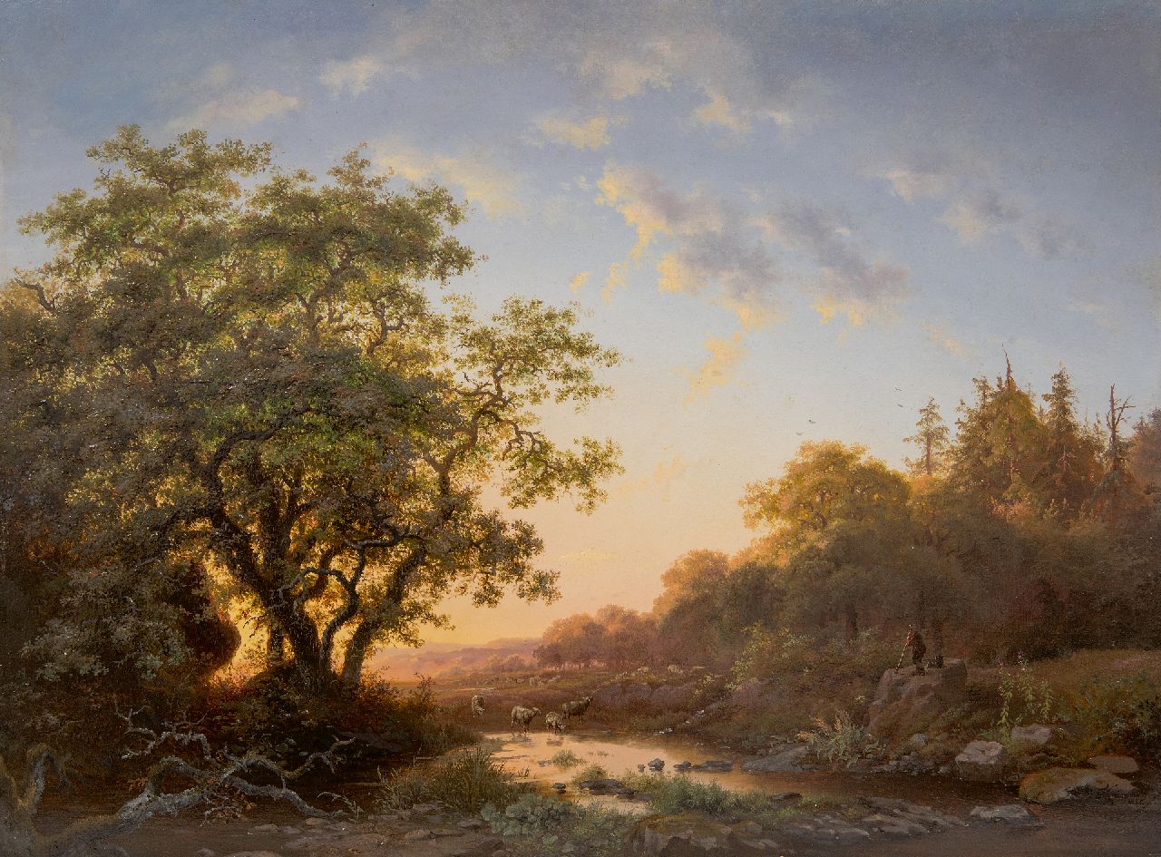 Kruseman F.M. | Frederik Marinus Kruseman | Schilderijen te koop aangeboden | Schaapsherder en kudde bij ondergaande zon, olieverf op paneel 47,8 x 64,3 cm, gesigneerd rechtsonder en gedateerd 1855 Kruseman F.M. | Frederik Marinus Kruseman | Schilderijen te koop aangeboden | Schaapsherder en kudde bij ondergaande zon, olieverf op paneel 47,8 x 64,3 cm, gesigneerd rechtsonder en gedateerd 1855