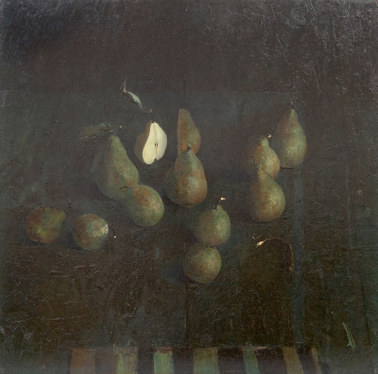 Kooi J. van der | Jan van der Kooi | Schilderijen te koop aangeboden | Peren, olieverf op board 59,5 x 60,0 cm, gesigneerd middenonder en gedateerd 1985