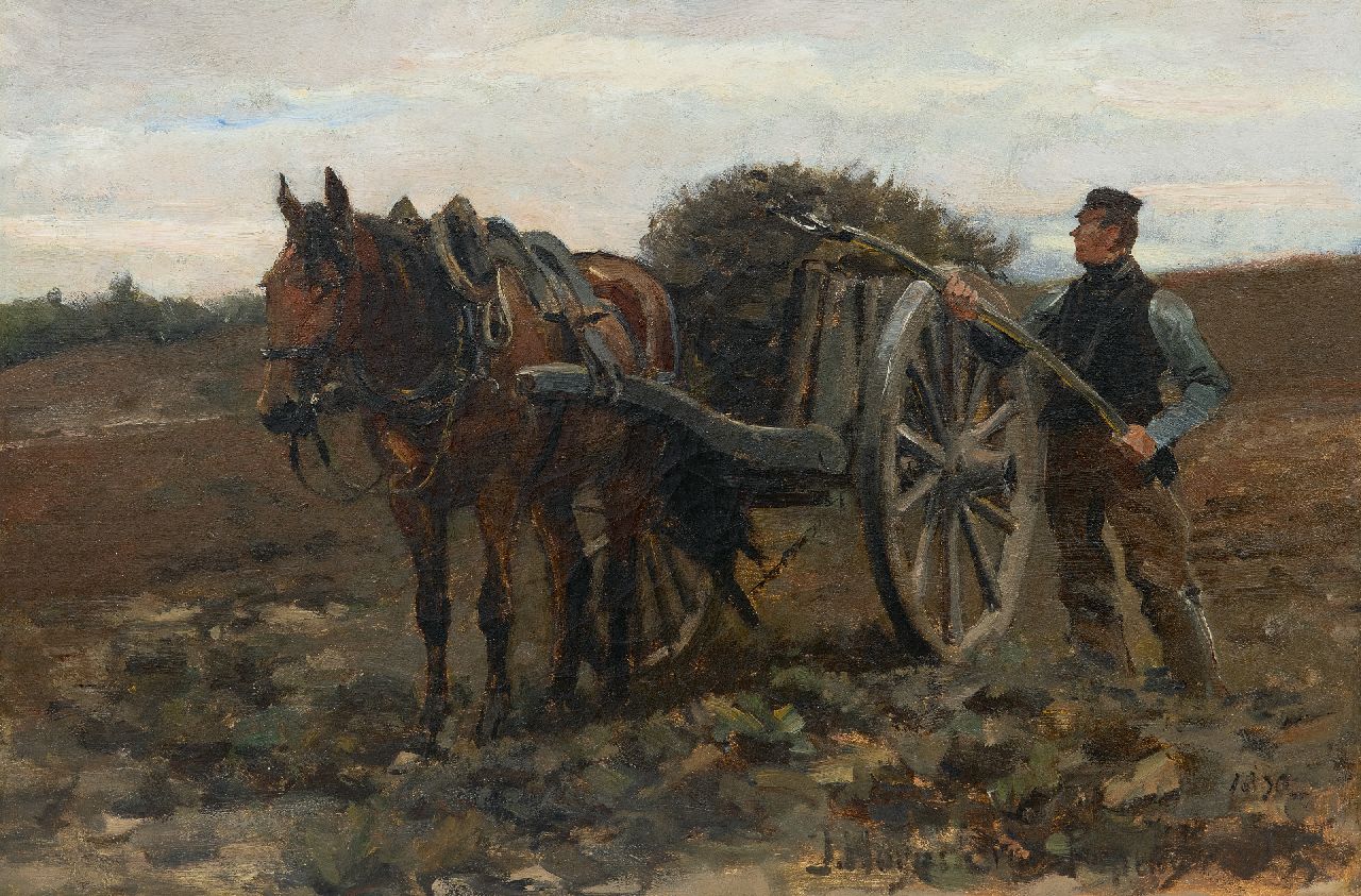 Jan Hoynck van Papendrecht | Boer met paard en kar op het veld, olieverf op doek, 32,6 x 48,9 cm, gesigneerd r.o. en op etiket op spieraam en gedateerd 1890