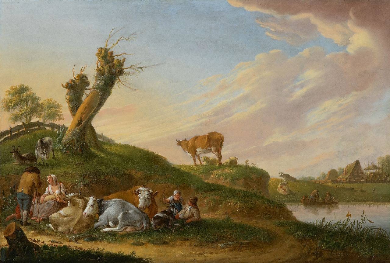 Schweickhardt H.W.  | Heinrich Wilhelm Schweickhardt | Schilderijen te koop aangeboden | Herdersfamilie met kudde aan een rivieroever, olieverf op paneel 33,5 x 47,2 cm, gesigneerd linksonder en gedateerd 1774
