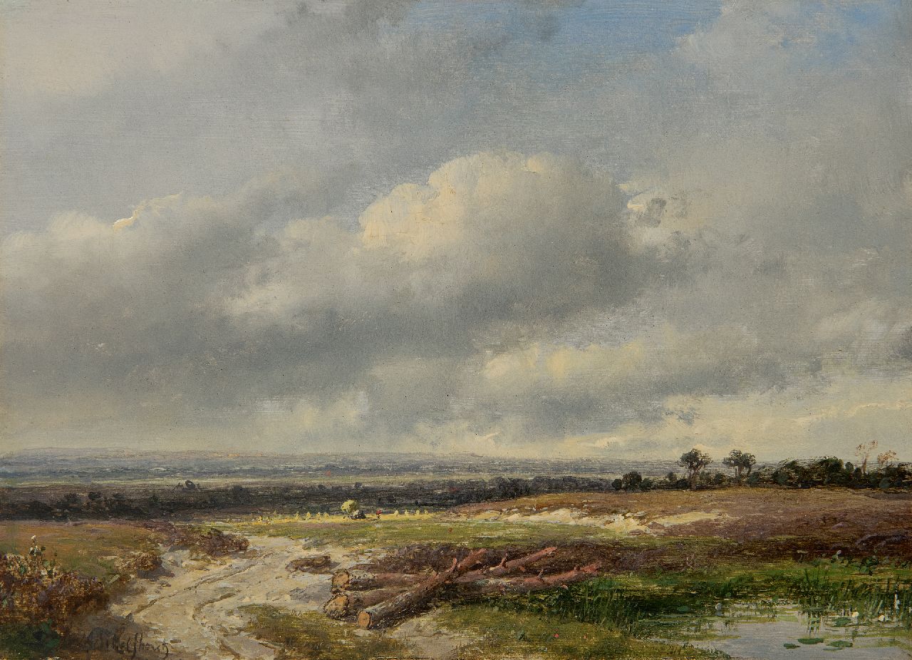 Schelfhout A.  | Andreas Schelfhout | Schilderijen te koop aangeboden | Panoramisch landschap onder Hollandse wolkenlucht, olieverf op paneel 17,8 x 24,0 cm, gesigneerd linksonder