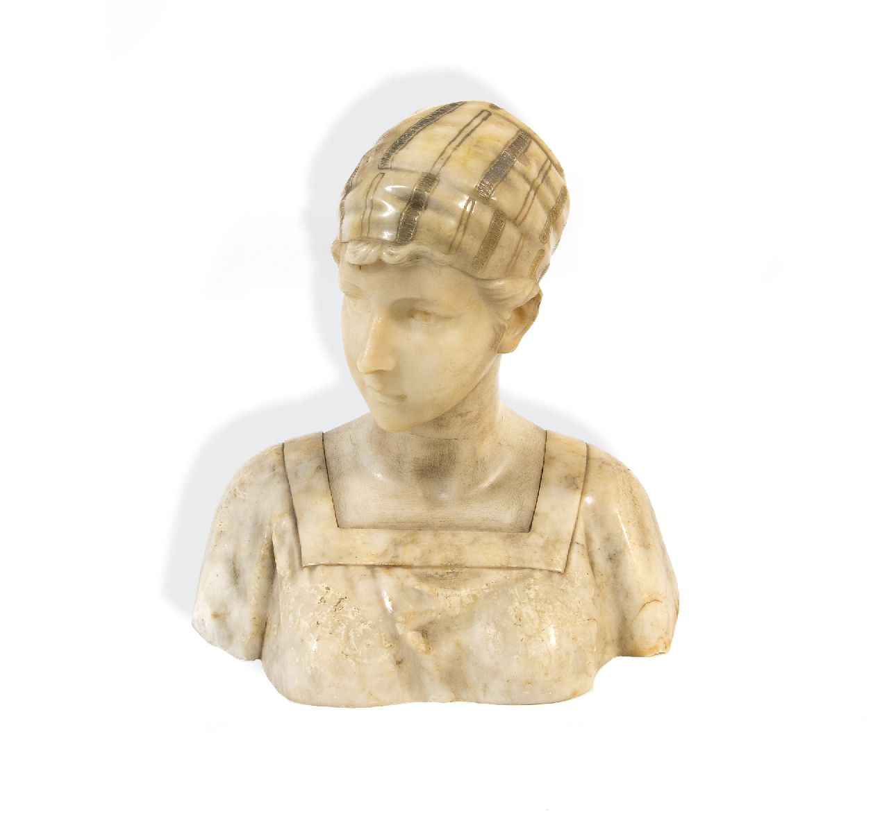 Aurili R.  | Richard Aurili | Beelden en objecten te koop aangeboden | Portretbuste van een jonge vrouw, marmer 41,0 cm, gesigneerd op rand achterkant