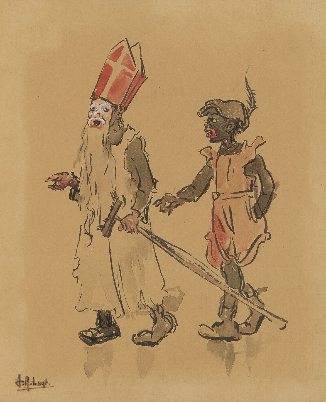 Thies Luijt | Sinterklaas en Piet, aquarel op papier, 26,0 x 21,0 cm, gesigneerd l.o.