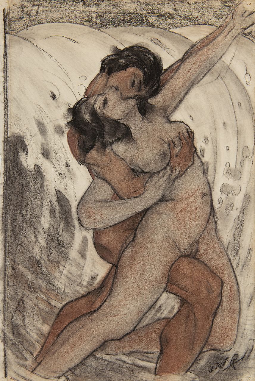 Dort W. van | Willem van Dort, De kus, gekleurd krijt op papier 38,2 x 25,5 cm, gesigneerd rechtsonder