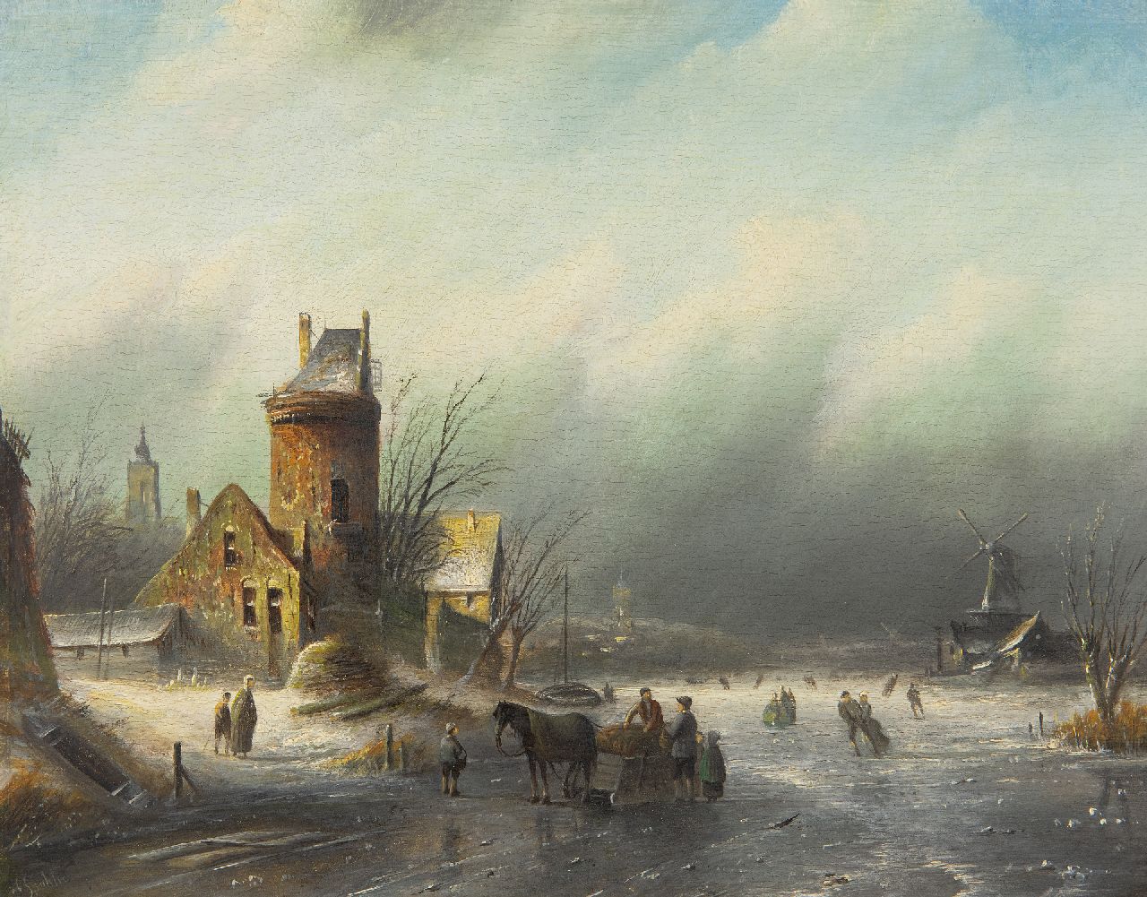 Spohler J.J.C.  | Jacob Jan Coenraad Spohler | Schilderijen te koop aangeboden | Winterlandschap met schaatsers op een rivier, olieverf op paneel 21,5 x 27,1 cm, gesigneerd linksonder