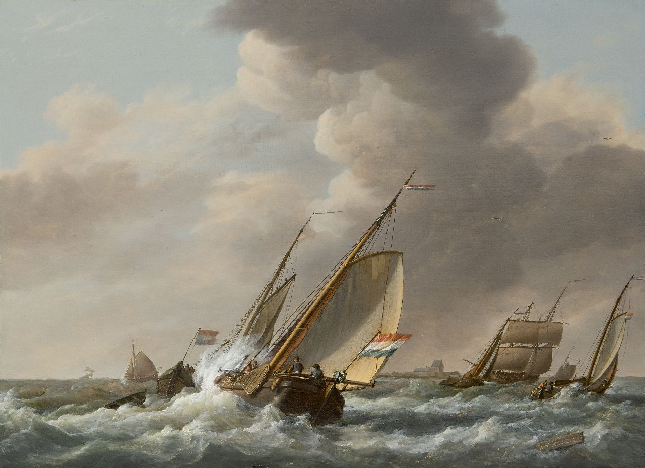 Koekkoek J.H.  | Johannes Hermanus Koekkoek, Laverende schepen in een stevige bries, olieverf op paneel 35,7 x 48,3 cm, gesigneerd rechtsonder