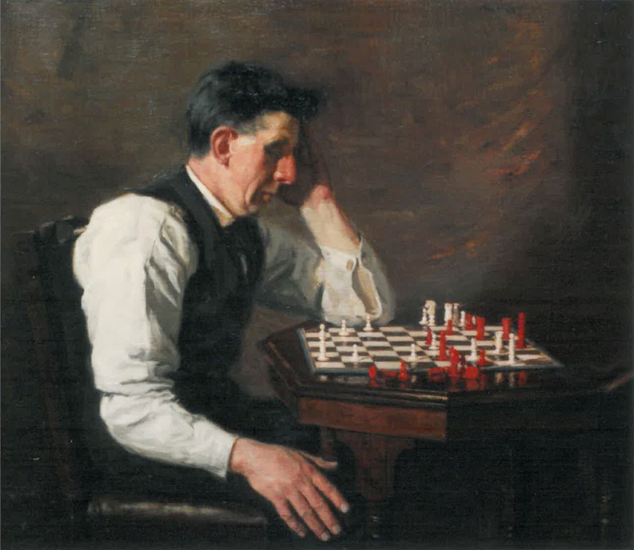 Christie jr. A.  | Alexander Christie jr., De schaakanalyse, olieverf op doek 71,1 x 82,0 cm, gesigneerd rechtsboven en gedateerd 1923