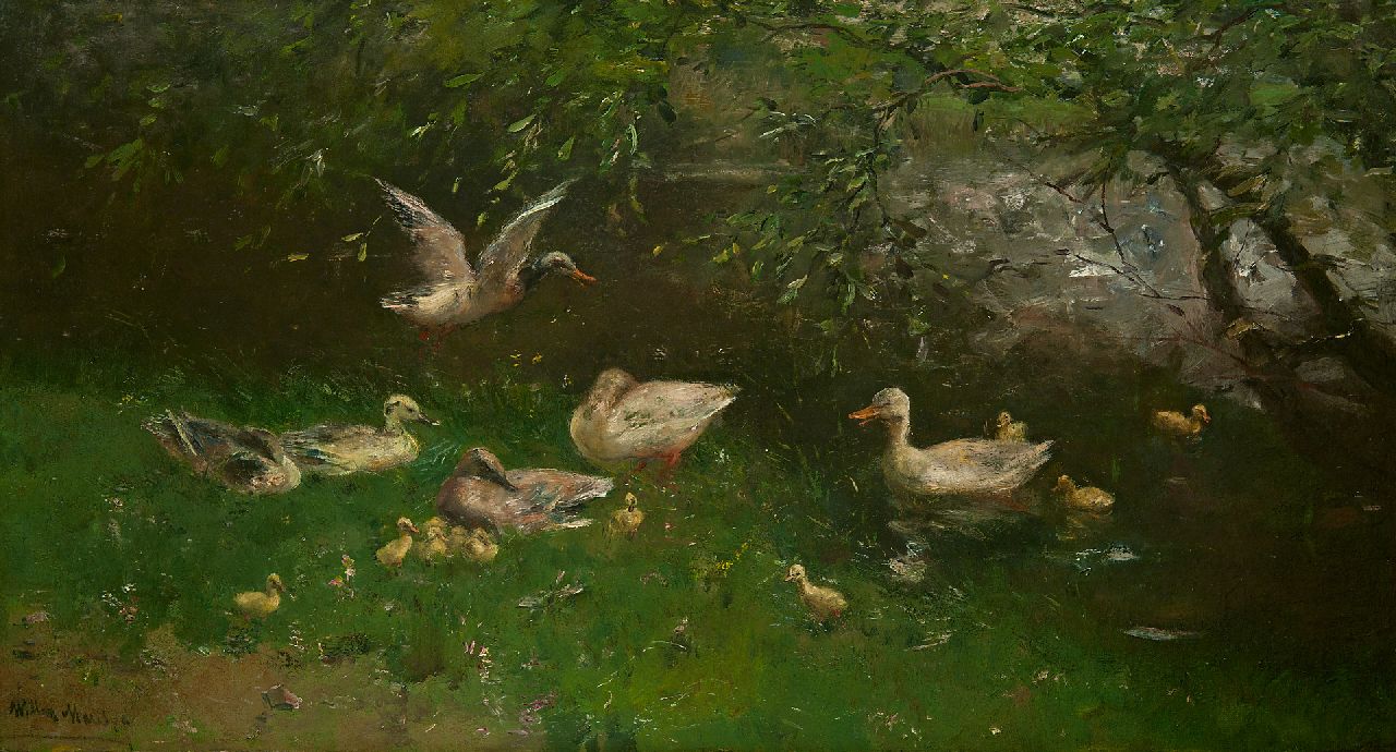 Maris W.  | Willem Maris | Schilderijen te koop aangeboden | Eenden bij een vijver, olieverf op doek 53,8 x 97,5 cm, gesigneerd linksonder