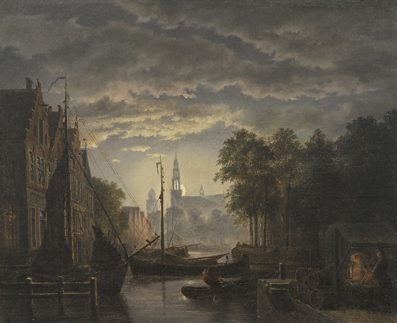 Abels J.Th.  | 'Jacobus' Theodorus Abels, Stadshaven bij maanlicht, olieverf op doek 33,4 x 40,4 cm