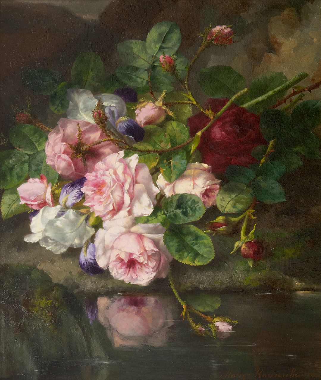 Roosenboom M.C.J.W.H.  | 'Margaretha' Cornelia Johanna Wilhelmina Henriëtta Roosenboom, Boeket rozen op de bosgrond, olieverf op paneel 45,4 x 37,3 cm, gesigneerd rechtsonder