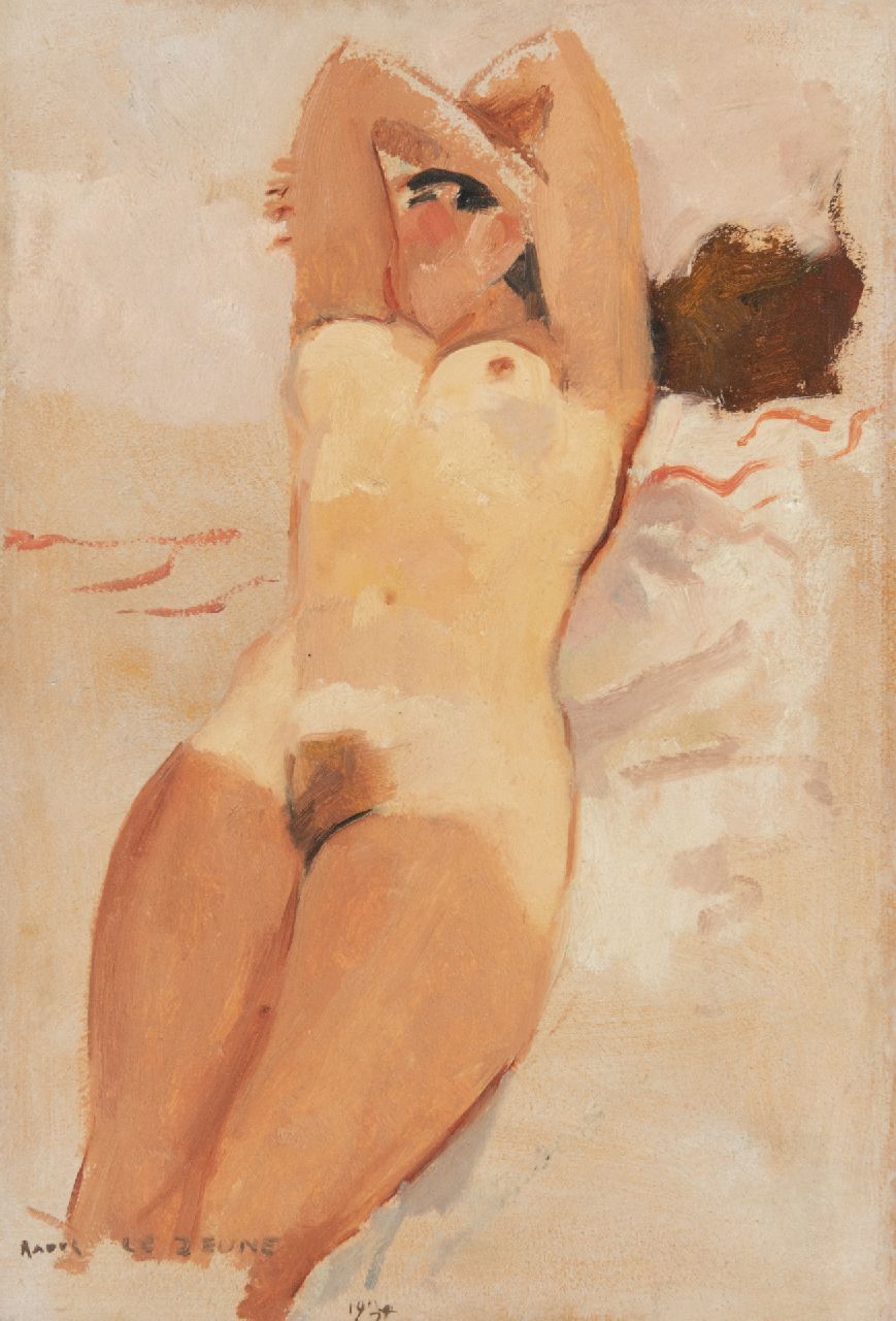 Lejeune R.  | Raoul Lejeune | Schilderijen te koop aangeboden | Zonnebadend naakt, olieverf op doek op paneel 50,5 x 34,2 cm, gesigneerd linksonder en gedateerd 1934