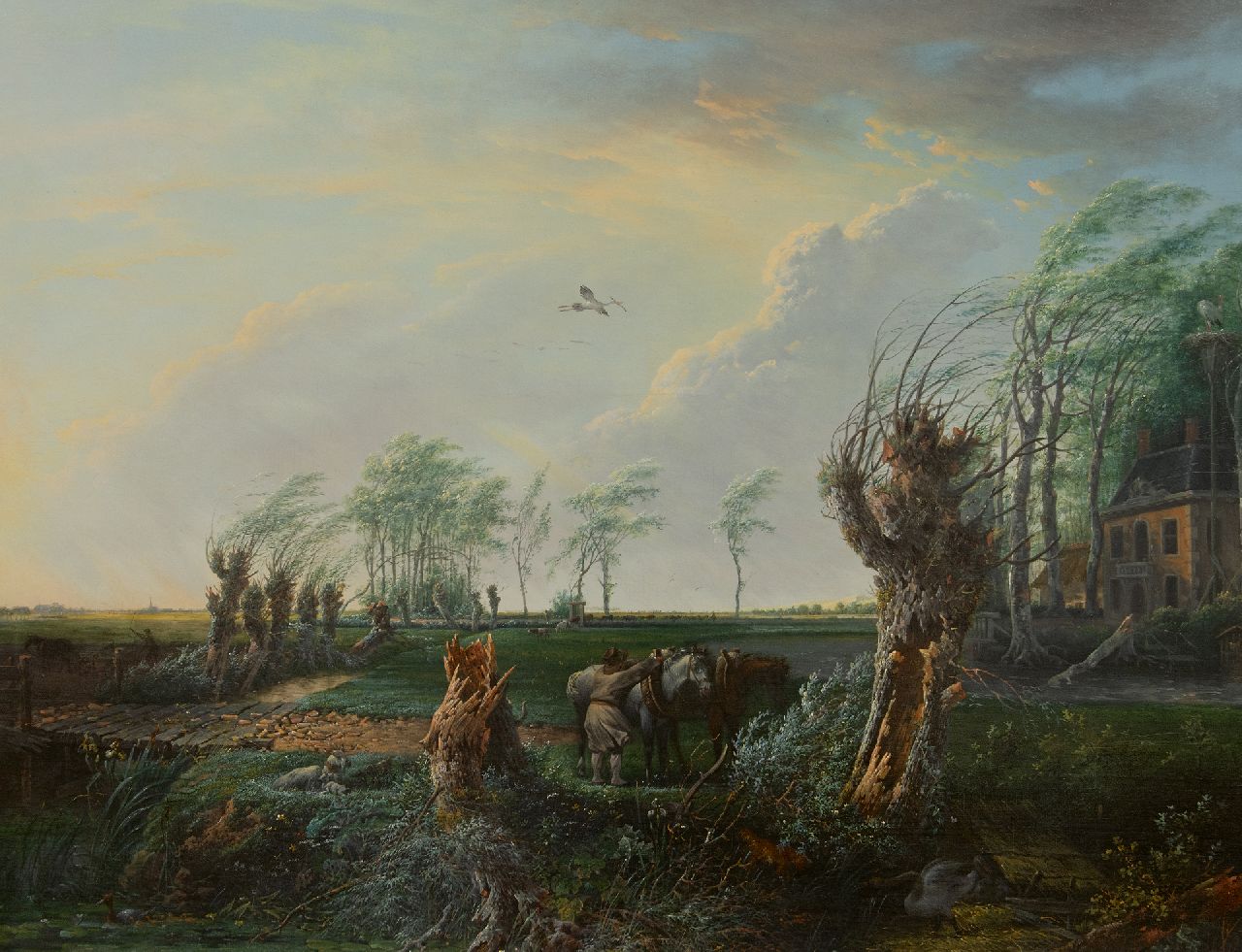Nijmegen G. van | Gerard van Nijmegen | Schilderijen te koop aangeboden | Boer met werkpaarden op een landgoed bij storm, olieverf op paneel 68,8 x 89,7 cm