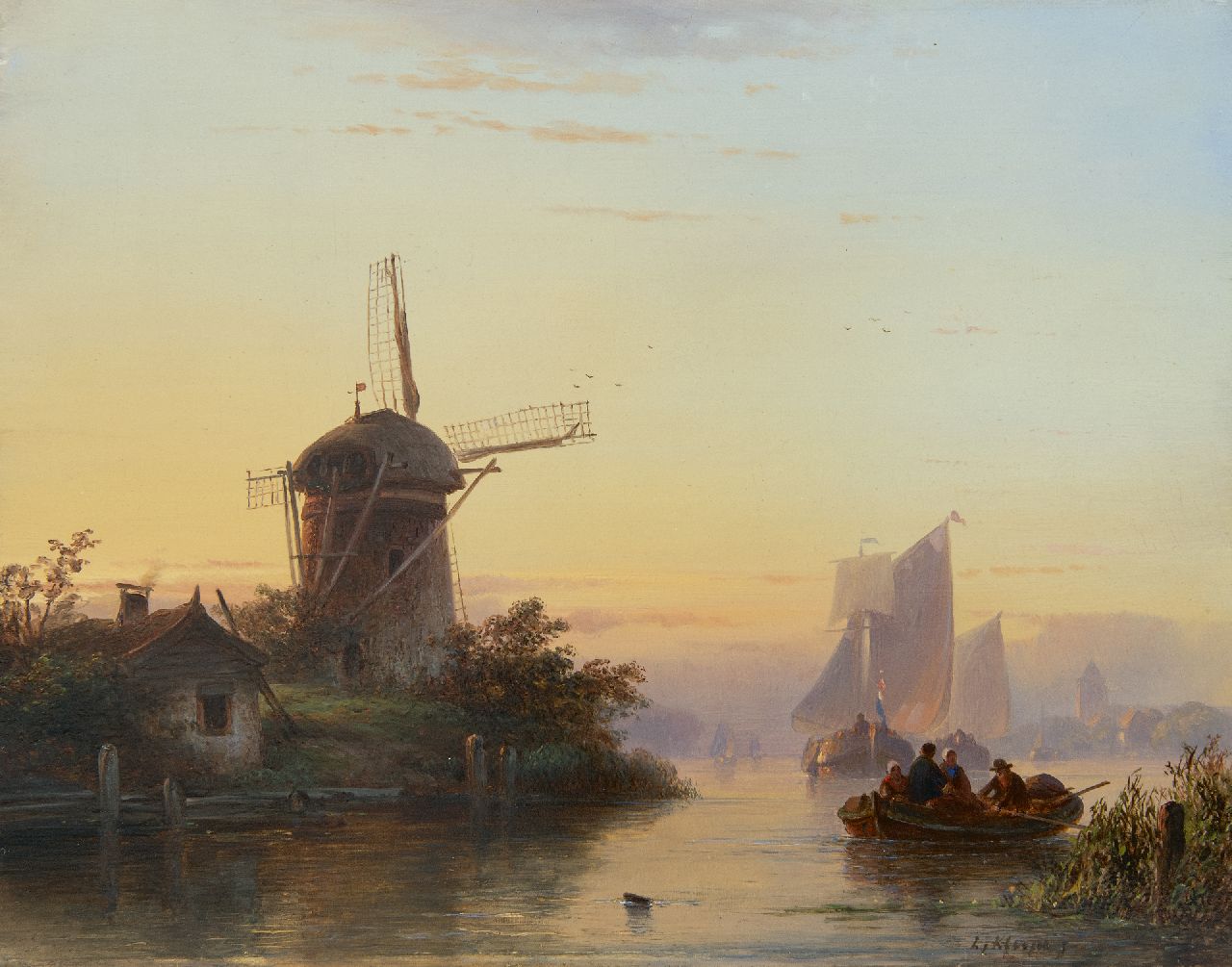 Kleijn L.J.  | Lodewijk Johannes Kleijn, Rivier met schepen bij ondergaande zon, olieverf op paneel 28,7 x 36,5 cm, gesigneerd rechtsonder