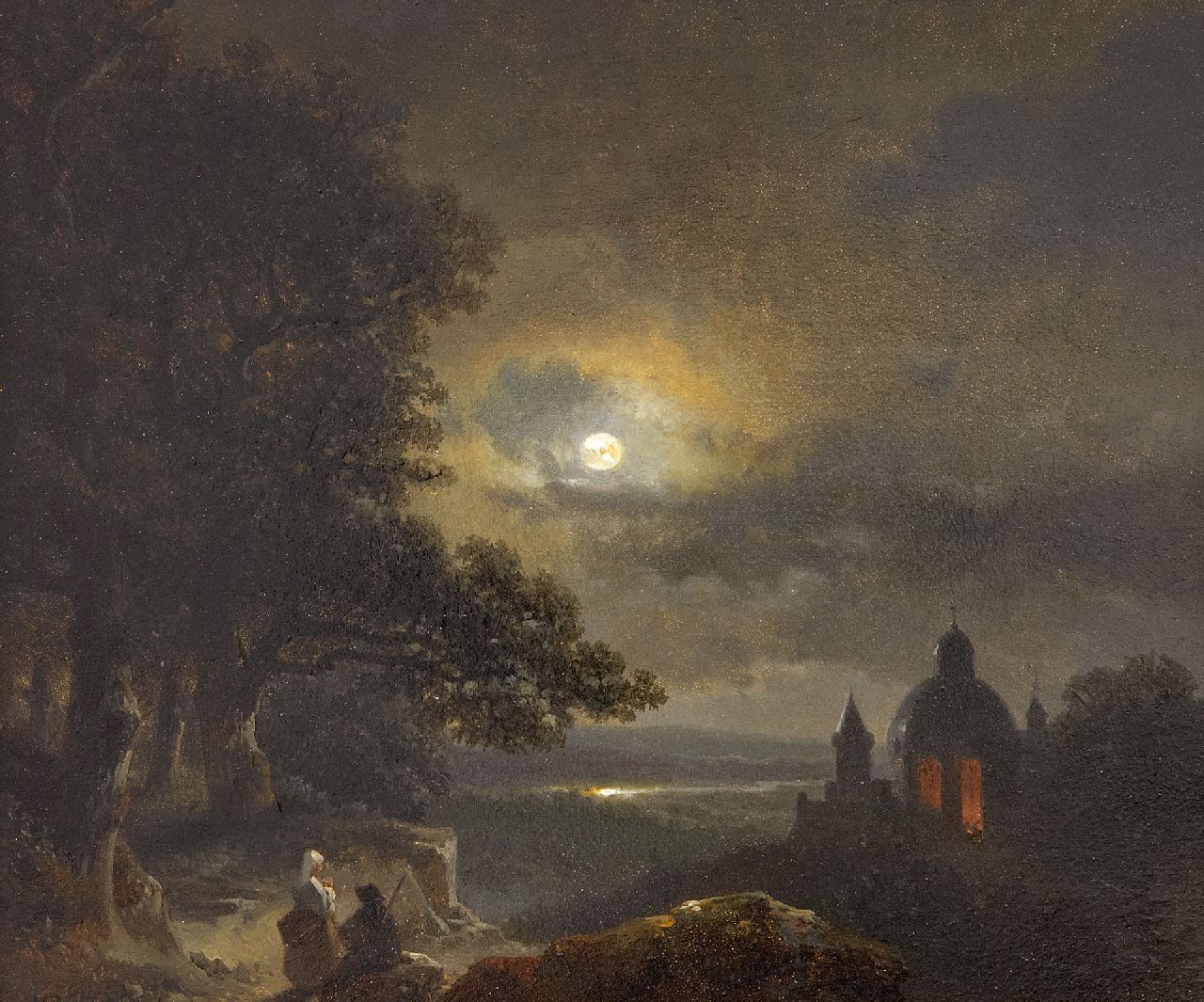 Kuhnen P.L.  | Pierre-Louis Kuhnen | Schilderijen te koop aangeboden | Landvolk uitkijkend over nachtelijke riviervallei, olieverf op paneel 18,1 x 21,3 cm, gesigneerd linksonder