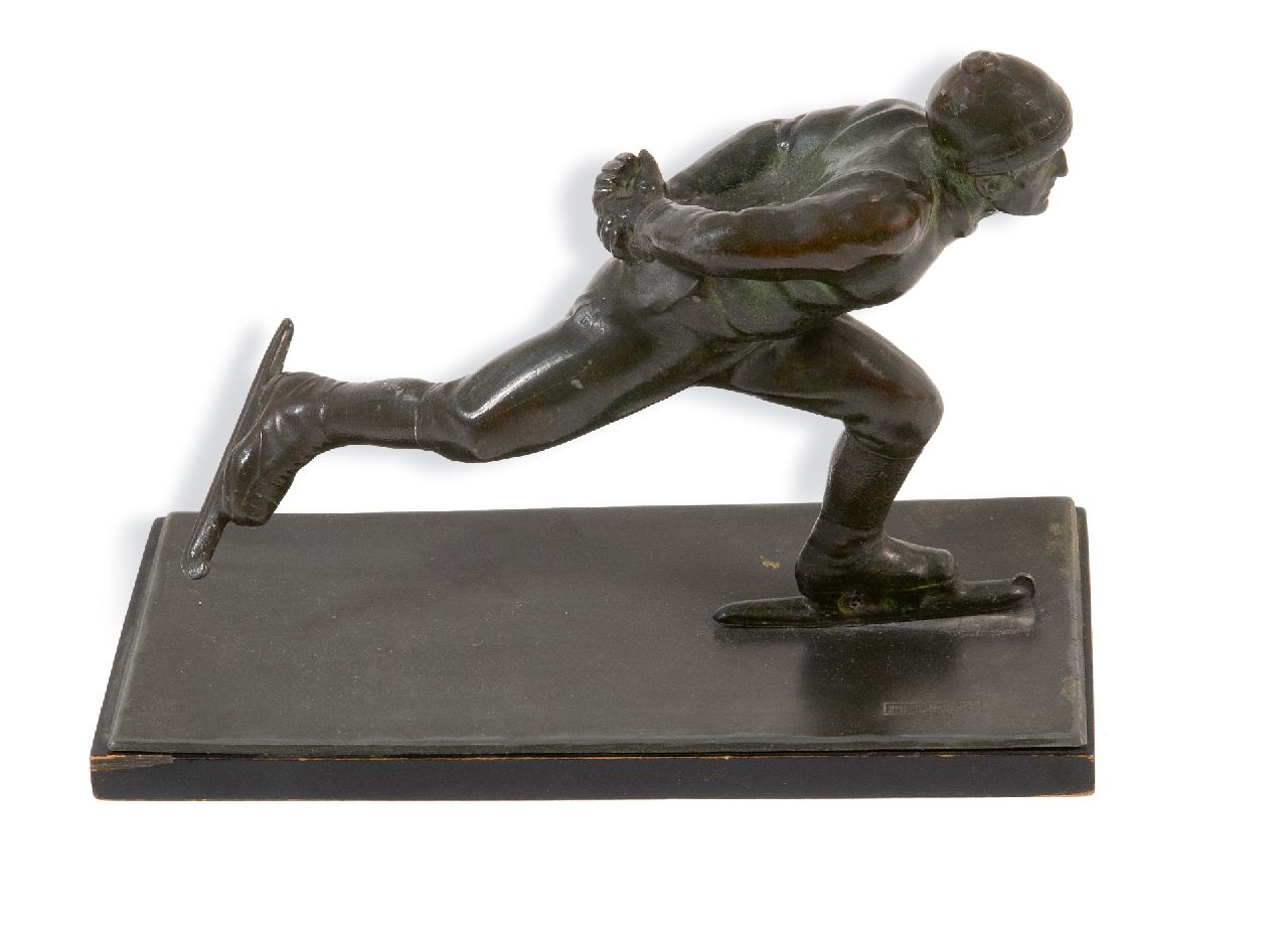 Uher H.  | Hugo Uher, De schaatser, brons 14,5 x 19,5 cm, gesigneerd op basis en te dateren ca. 1930
