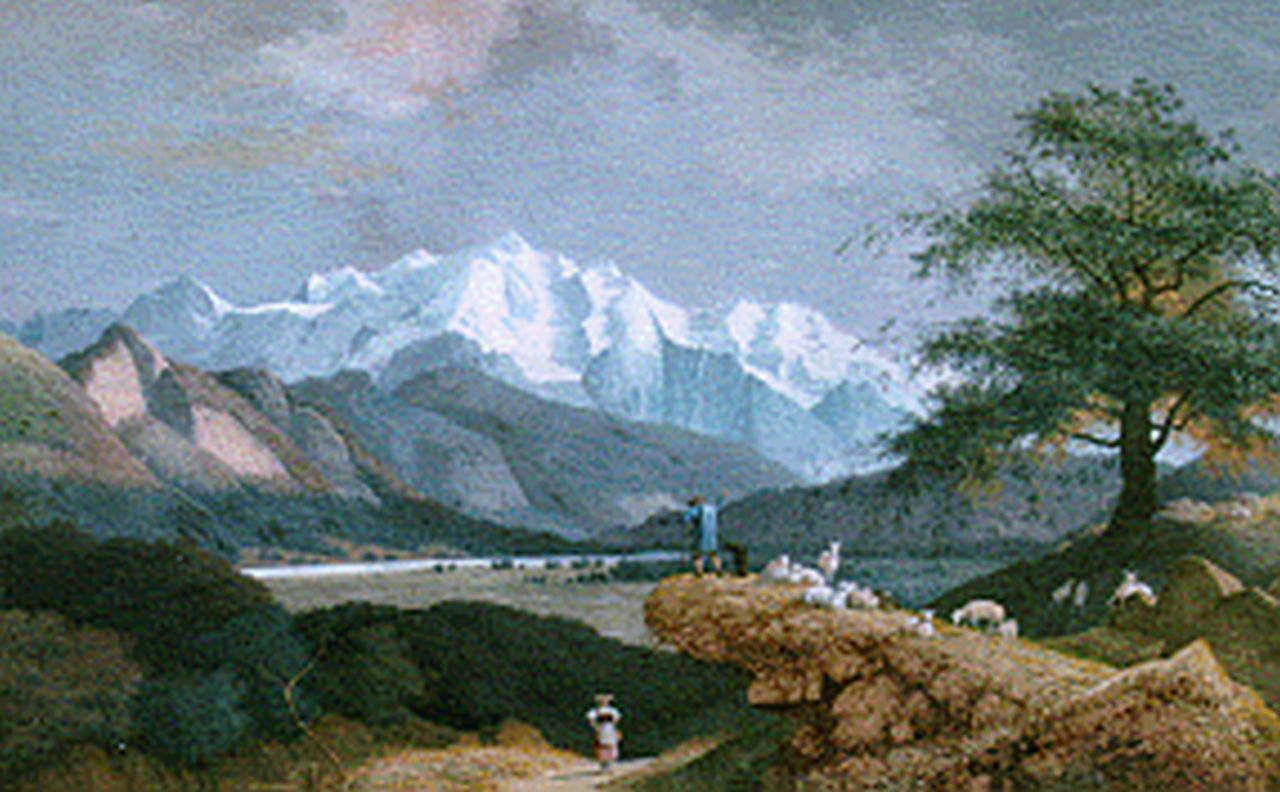 Knip J.A.  | Josephus Augustus Knip, Berglandschap met kudde schapen in 't dal, gouache op papier 63,0 x 94,5 cm