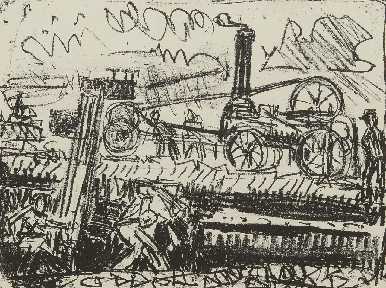 Jan van der Zee | Oogstmachines, litho op papier, 37,0 x 47,3 cm, gesigneerd r.o. (in potlood) en gedateerd (in potlood) '53