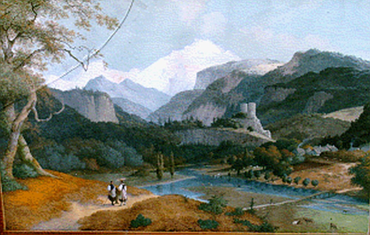 Knip J.A.  | Josephus Augustus Knip, Berglandschap met twee vrouwen bij riviertje, gouache op papier 63,0 x 94,5 cm