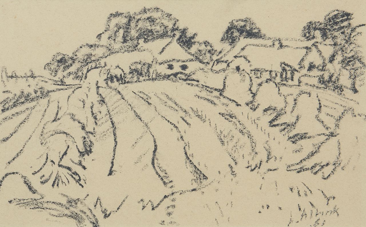 Altink J.  | Jan Altink, Akkerland met boerderijen, zwart krijt op papier 31,1 x 48,3 cm, gesigneerd rechtsonder en gedateerd '61