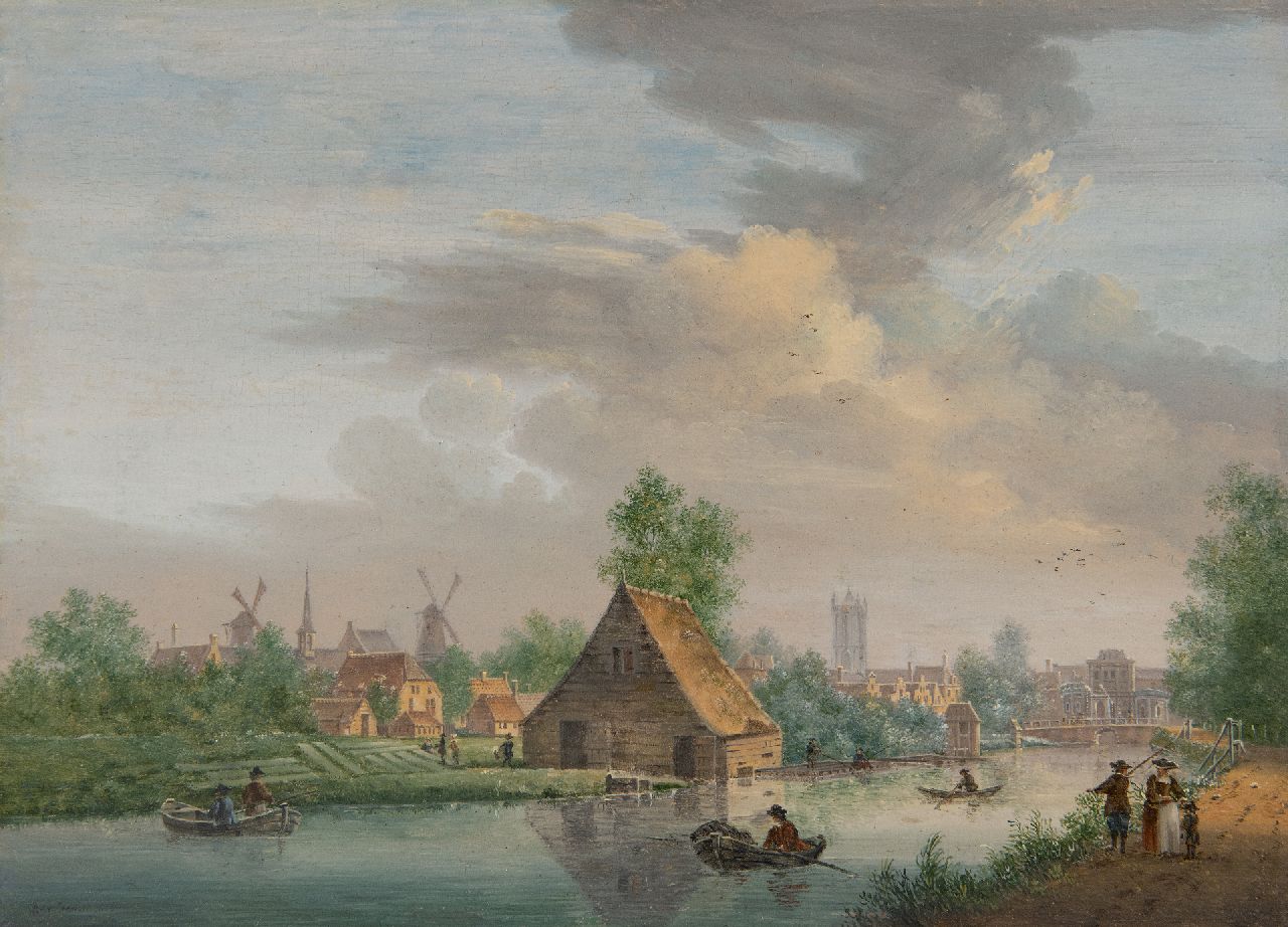 Pieter Jan van Liender | Utrecht gezien vanaf de Leidsche Vaart met in de verte de Catharijnepoort, olieverf op paneel, 21,0 x 29,0 cm, gesigneerd r.o.