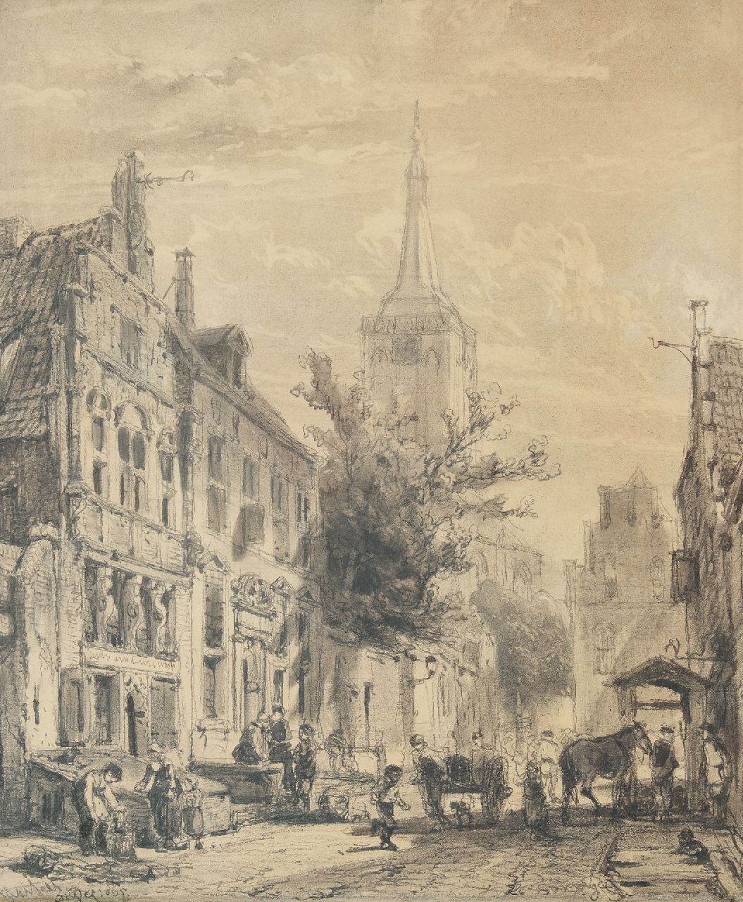 Springer C.  | Cornelis Springer, Gezicht op de Nieuwstraat in Hasselt, Overijssel, houtskool op papier 61,1 x 51,0 cm, gesigneerd rechtsonder en gedateerd 'Hasselt' April 1863