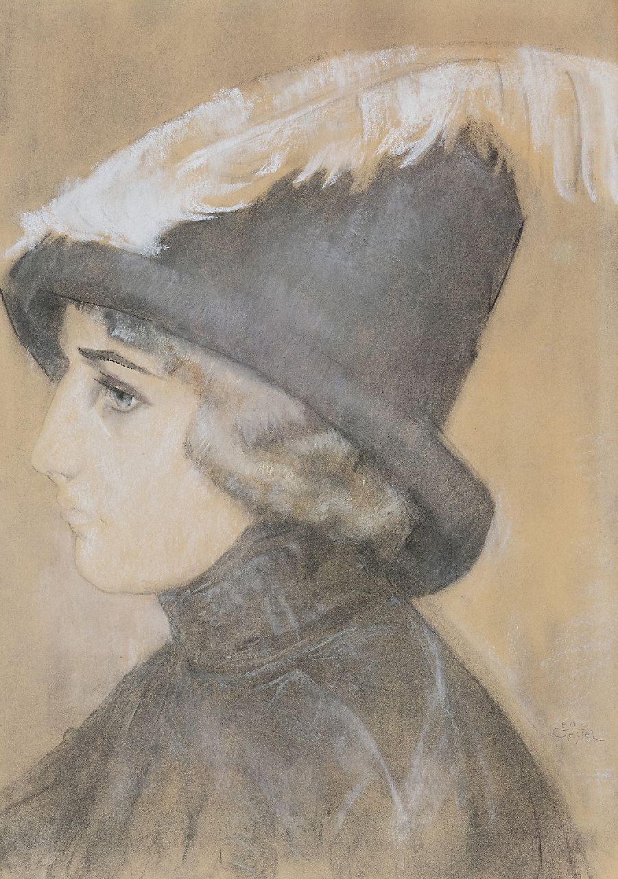 Gestel L.  | Leendert 'Leo' Gestel, Vrouw met hoed, krijt op papier 47,0 x 33,5 cm, gesigneerd rechtsonder en te dateren ca. 1910-1911