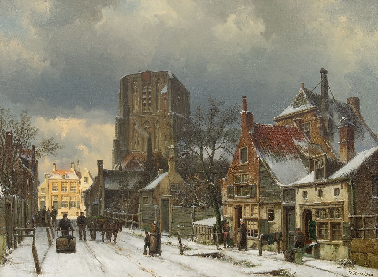 Koekkoek W. | Willem Koekkoek, Fantasiegezicht op de besneeuwde Sint-Martinuskerk in Woudrichem, olieverf op doek 55,2 x 75,3 cm, gesigneerd rechtsonder Koekkoek W. | Willem Koekkoek, Fantasiegezicht op de besneeuwde Sint-Martinuskerk in Woudrichem, olieverf op doek 55,2 x 75,3 cm, gesigneerd rechtsonder