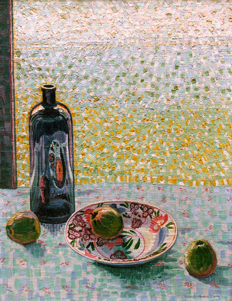 Schuhmacher W.G.C.  | Wijtze Gerrit Carel 'Wim' Schuhmacher, Stilleven met fles, bord en appels, olieverf op doek 60,0 x 47,2 cm, gesigneerd rechtsonder en gedateerd 1914