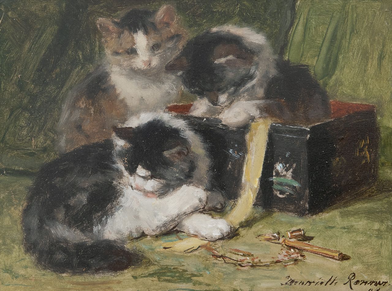 Ronner-Knip H.  | Henriette Ronner-Knip, Spelende kittens bij een naaidoos, olieverf op paneel 25,0 x 33,5 cm, gesigneerd rechtsonder en gedateerd '94