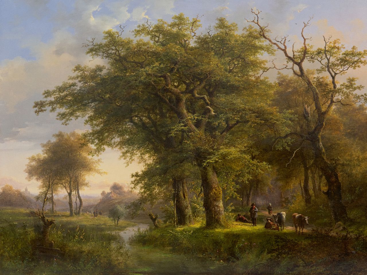 Klombeck J.B.  | Johann Bernard Klombeck, Bebost beekdal met vee en landvolk, olieverf op paneel 47,6 x 62,5 cm, gesigneerd linksonder en gedateerd 1857