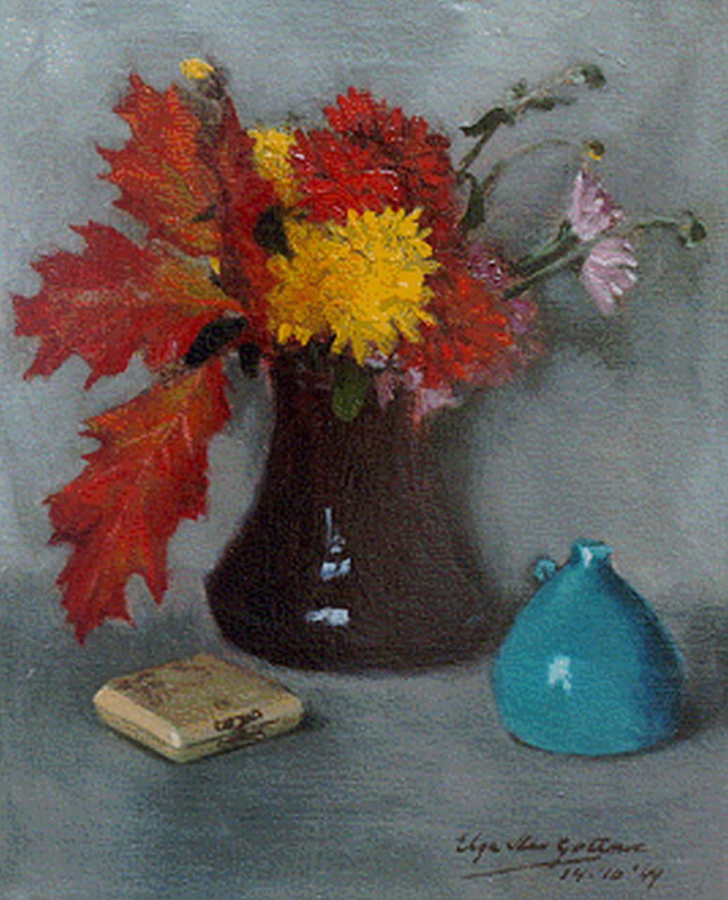 Elga Gottnic | Herfstboeket in een vaas, olieverf op doek, 30,0 x 24,3 cm, gesigneerd r.o. en gedateerd '49