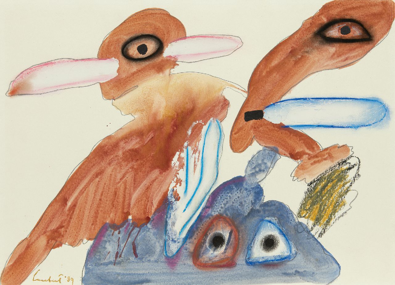 Lucebert | Drie wezens, vier ogen, potlood, krijt, aquarel en olieverf op papier, 50,2 x 70,0 cm, gesigneerd l.o. en gedateerd '89