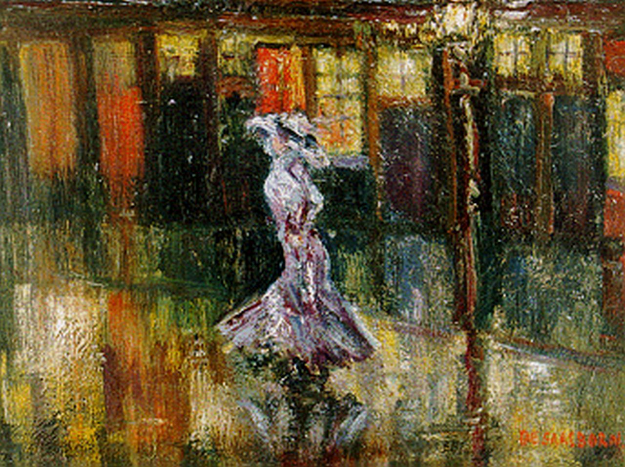 Saalborn L.A.A.  | 'Louis' Alexander Abraham Saalborn, Elegante dame bij avond in een straat, olieverf op paneel 21,0 x 27,0 cm, gesigneerd rechtsonder en gedateerd 1910