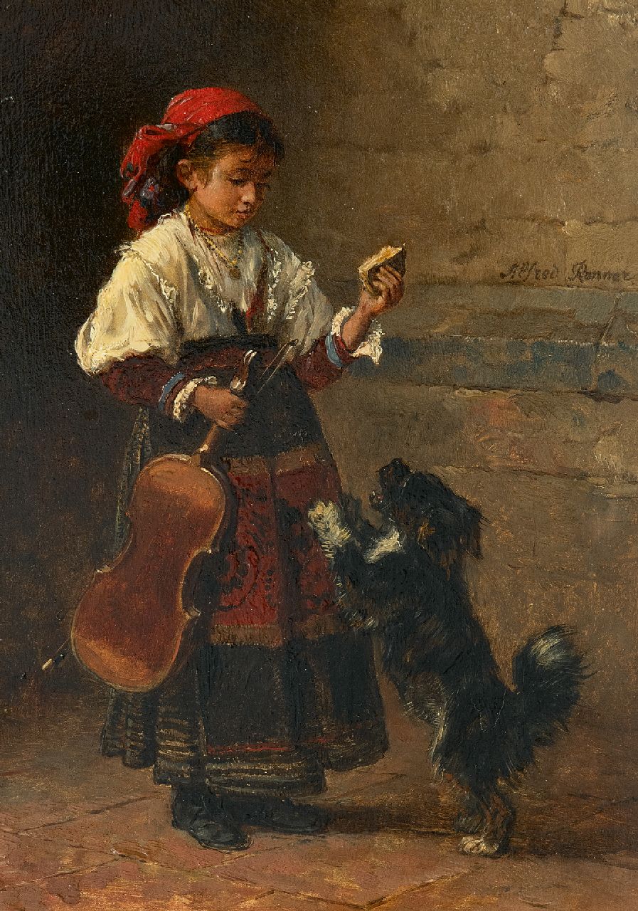 Ronner A.  | Alfred Ronner, Zigeunermeisje met haar hond, olieverf op paneel 24,7 x 17,7 cm, gesigneerd rechts van het midden