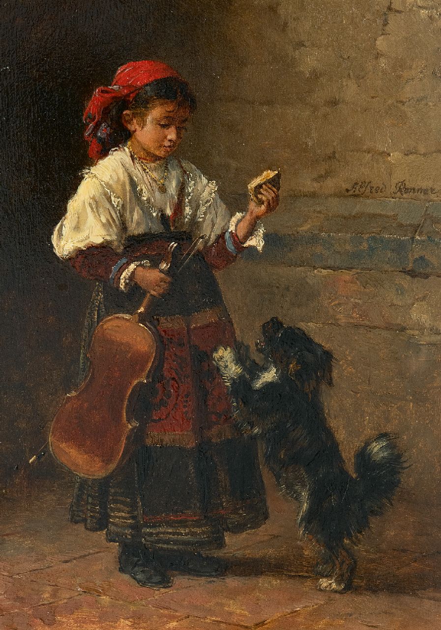 Ronner A. | Alfred Ronner, Zigeunermeisje met haar hond, olieverf op paneel 24,7 x 17,7 cm, gesigneerd rechts van het midden Ronner A. | Alfred Ronner, Zigeunermeisje met haar hond, olieverf op paneel 24,7 x 17,7 cm, gesigneerd rechts van het midden