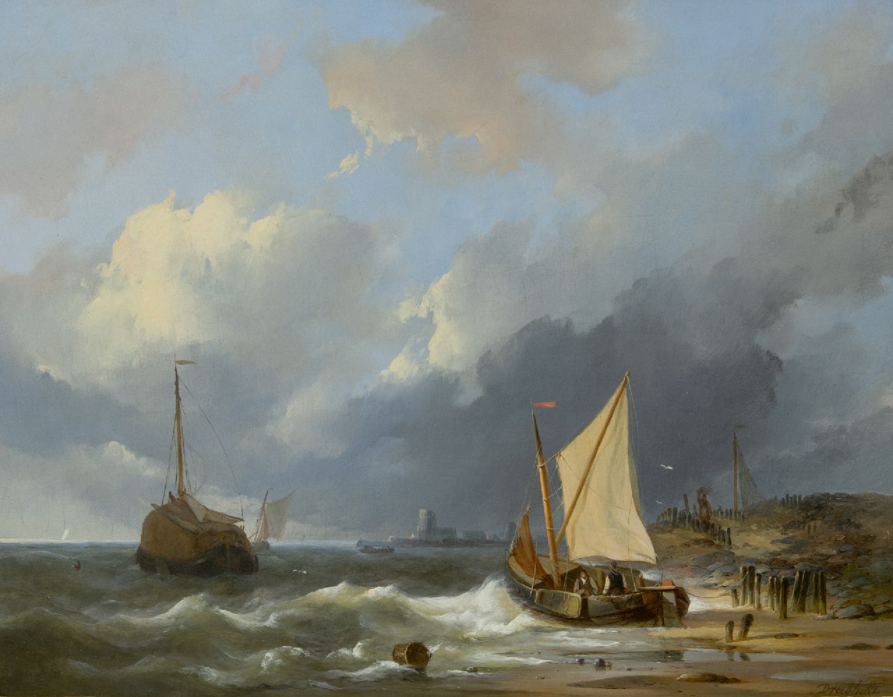 Dreibholtz C.L.W.  | Christiaan Lodewijk Willem Dreibholtz | Schilderijen te koop aangeboden | Botter en tjalken langs de Zuiderzee, olieverf op paneel 41,2 x 52,8 cm, gesigneerd rechtsonder