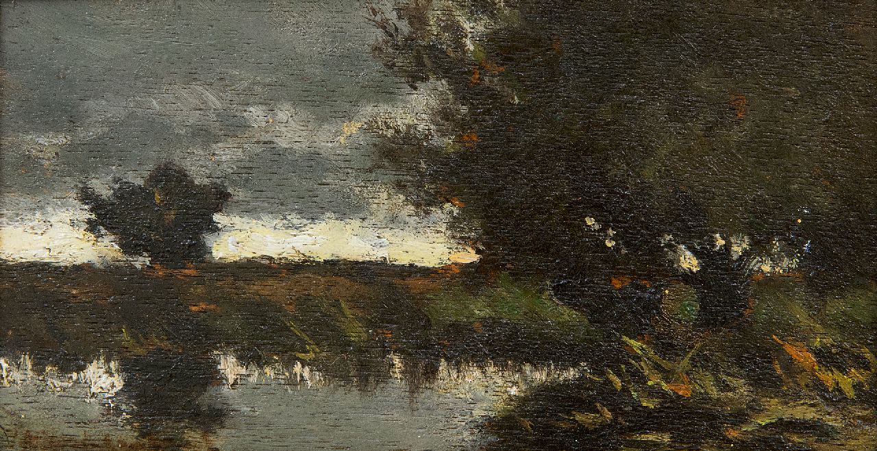 Weissenbruch H.J.  | Hendrik Johannes 'J.H.' Weissenbruch, Polderlandschap bij buiig weer, olieverf op paneel 9,8 x 18,5 cm, gesigneerd linksonder