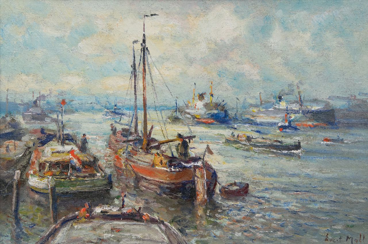Moll E.  | Evert Moll | Schilderijen te koop aangeboden | Scheepvaartverkeer bij Rotterdam, olieverf op doek 40,4 x 60,0 cm, gesigneerd rechtsonder