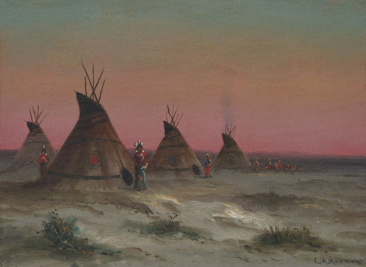 Harmon C.H.  | Charles Henry Harmon | Schilderijen te koop aangeboden | Wigwammen met indianen, olieverf op doek 23,0 x 30,8 cm, gesigneerd rechtsonder