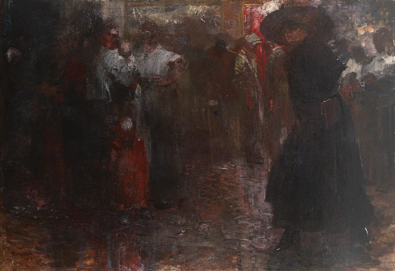 Hem P. van der | Pieter 'Piet' van der Hem | Schilderijen te koop aangeboden | De Nes in Amsterdam, bij avond, olieverf op doek 130,3 x 190,8 cm, gesigneerd linksonder en gedateerd 1910