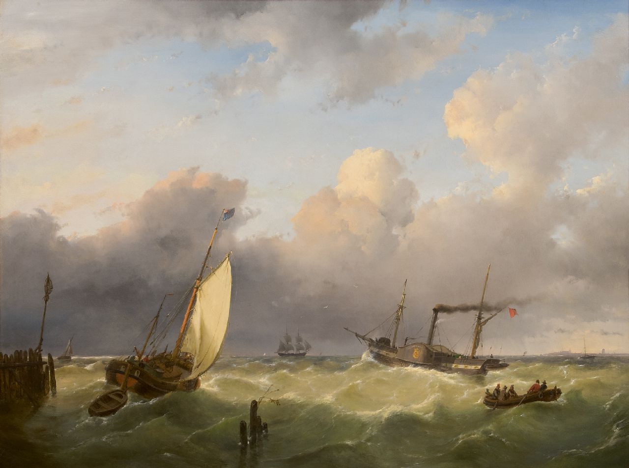 Schelfhout A.  | Andreas Schelfhout | Schilderijen te koop aangeboden | Een smak en een raderstoomboot op zee, olieverf op paneel 67,6 x 90,6 cm, gesigneerd linksonder en gedateerd 1845