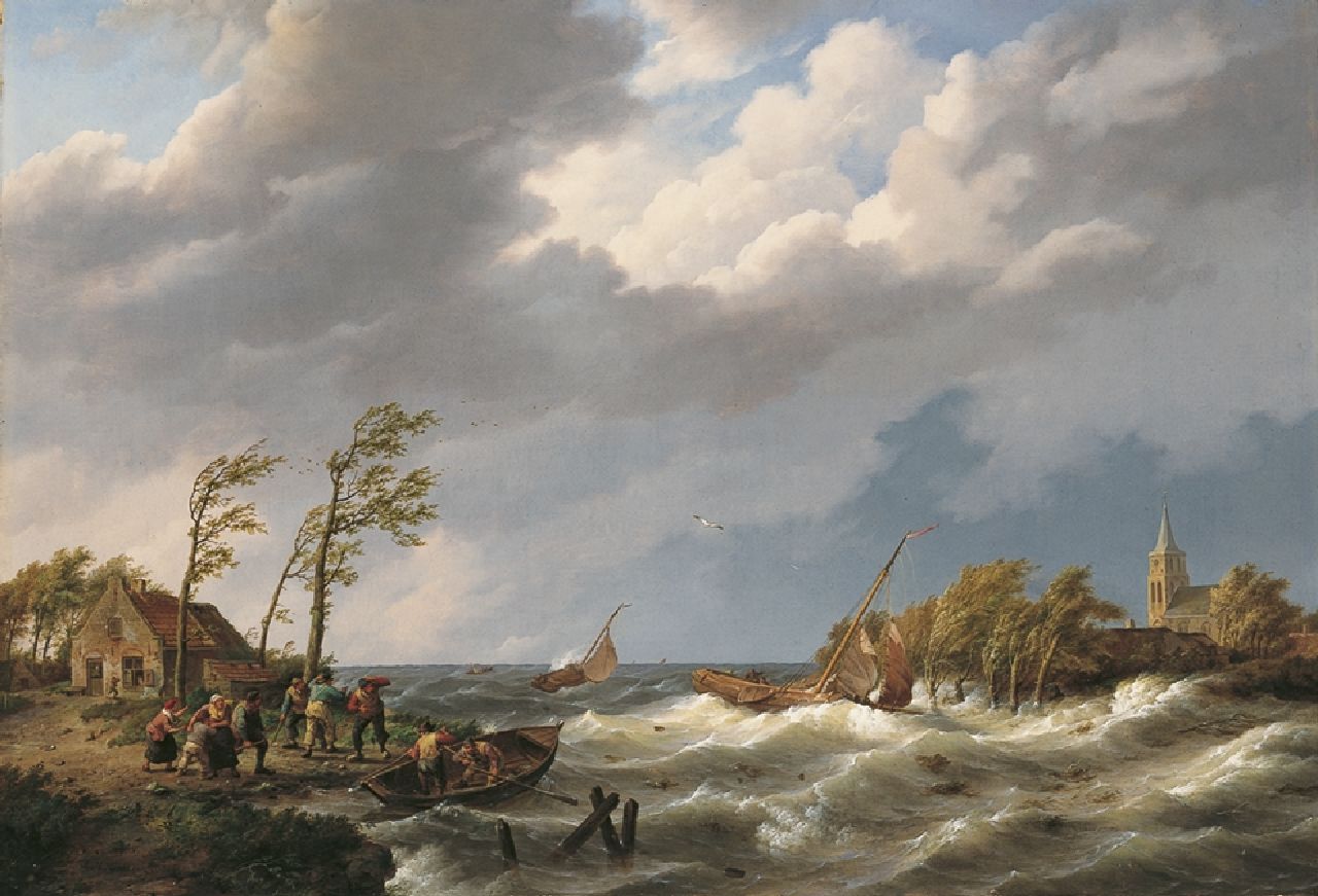Koekkoek J.H.  | Johannes Hermanus Koekkoek, Zwaar weer langs de Zuiderzee, olieverf op doek 48,7 x 71,2 cm, gesigneerd linksonder