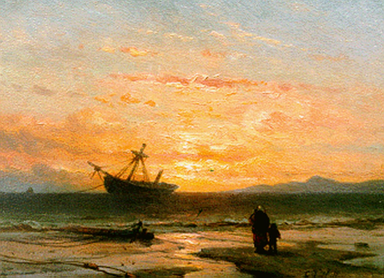 Hoffmann G.J.  | Georges Johannes Hoffmann, Schipbreuk bij zonsondergang, olieverf op paneel 14,6 x 19,2 cm, gesigneerd rechtsonder