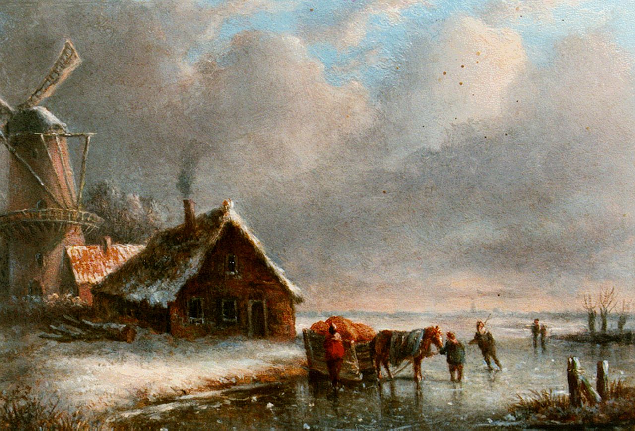 Adrianus Cornelis Slingerland | Winterlandschap met paardenslee bij een molen, olieverf op paneel, 12,6 x 17,6 cm, gesigneerd l.o. initialen