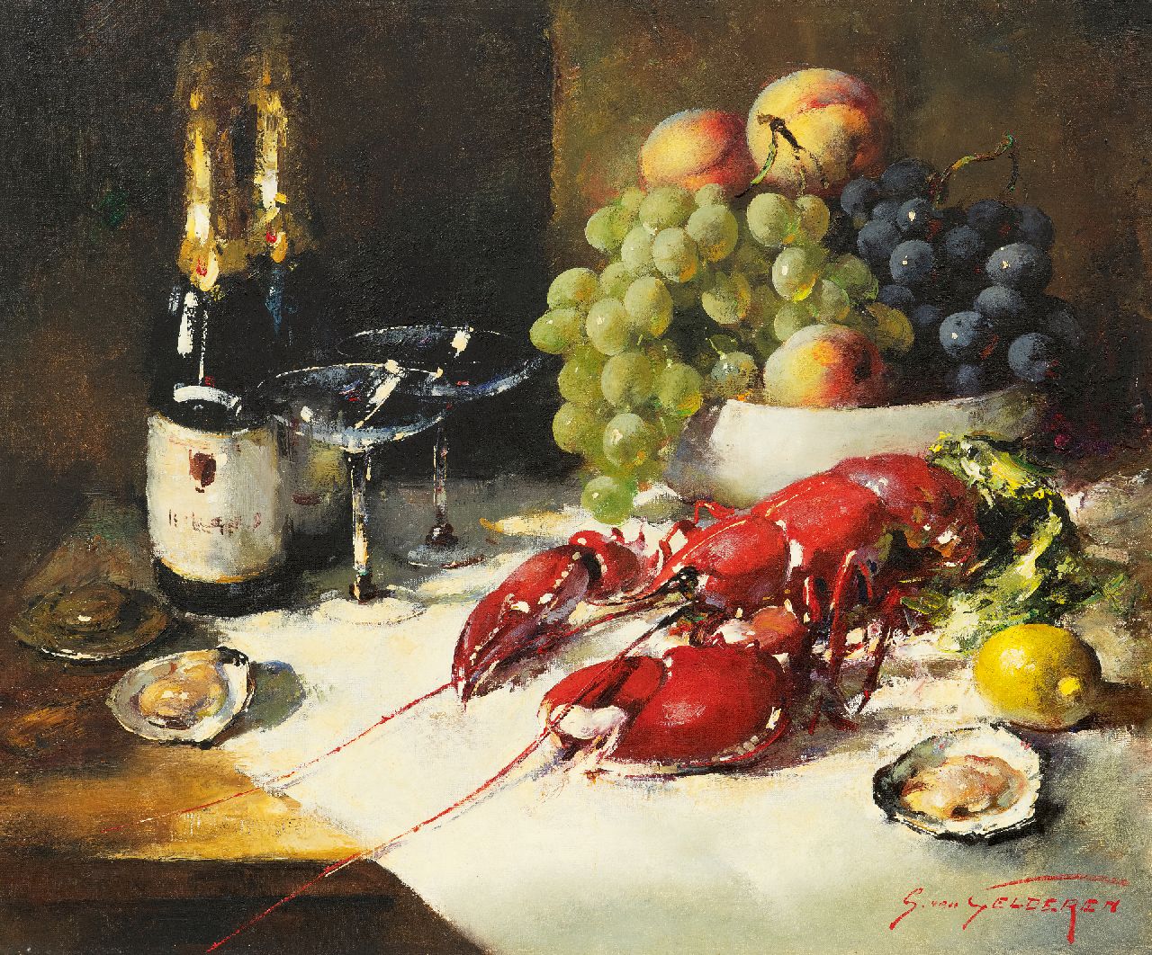 Gelderen S. van | Simon van Gelderen, Stilleven met champagne, schaaldieren en fruit, olieverf op doek 50,3 x 60,2 cm, gesigneerd rechtsonder