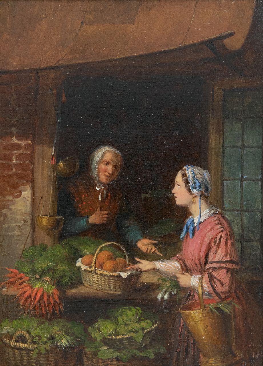 Scheerboom A.  | Andries Scheerboom | Schilderijen te koop aangeboden | De groenteverkoopster, olieverf op paneel 34,4 x 25,9 cm, gesigneerd rechtsonder met initialen en gedateerd 1861