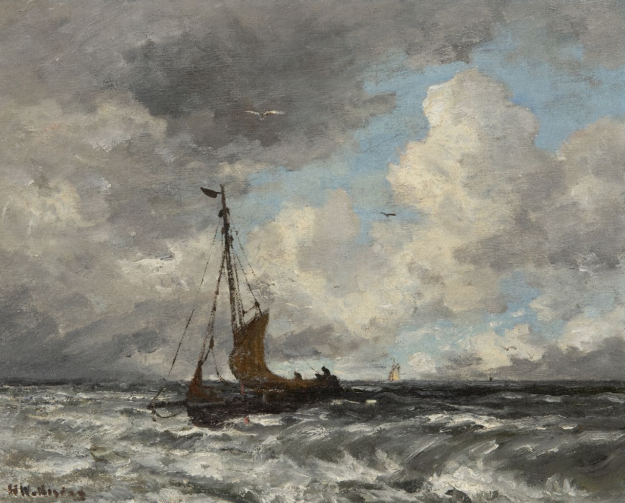 Mesdag H.W. | Hendrik Willem Mesdag, Bomschuit op de Noordzee, olieverf op doek op board 40,2 x 50,6 cm, gesigneerd linksonder Mesdag H.W. | Hendrik Willem Mesdag, Bomschuit op de Noordzee, olieverf op doek op board 40,2 x 50,6 cm, gesigneerd linksonder