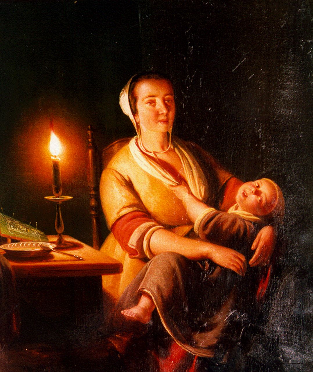Vaarberg J.C.  | Joannes Christoffel Vaarberg, Interieur met moeder en kind bij kaarslicht, olieverf op paneel 24,1 x 20,3 cm, gesigneerd linksonder en gedateerd '61